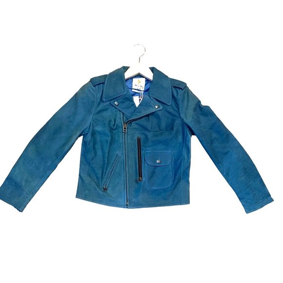 MiH Leather Moto Jacket Teal Size Small Womens Blue Green Zipper Pocket Punk - Picture 1 of 5